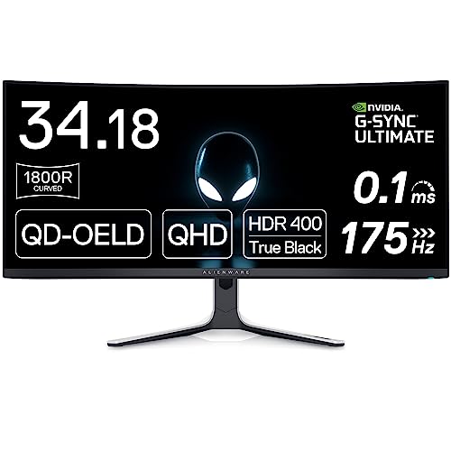 Alienware AW3423DW Curved Gaming Monitor 34.18 inch Quantom Dot-OLED 1800R Display, 3440x1440 Pixels at 175Hz, True 0.1ms Gray-to-Gray, 1M:1 Contrast Ratio, 1.07 Billions Colors - Lunar Light